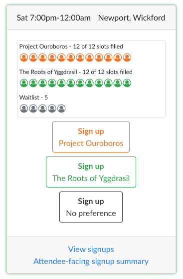 The view of an event run from its event page, showing the lines of empty circles for open slots